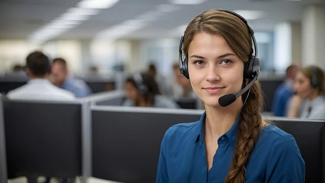 Frau mit einem Headset in einem Callcenter